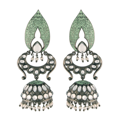 Women's I Jewels 18K Silver Oxidised Traditional Meenakari Kundan & Stone Studded Jhumka Earrings (E2949Zmin)