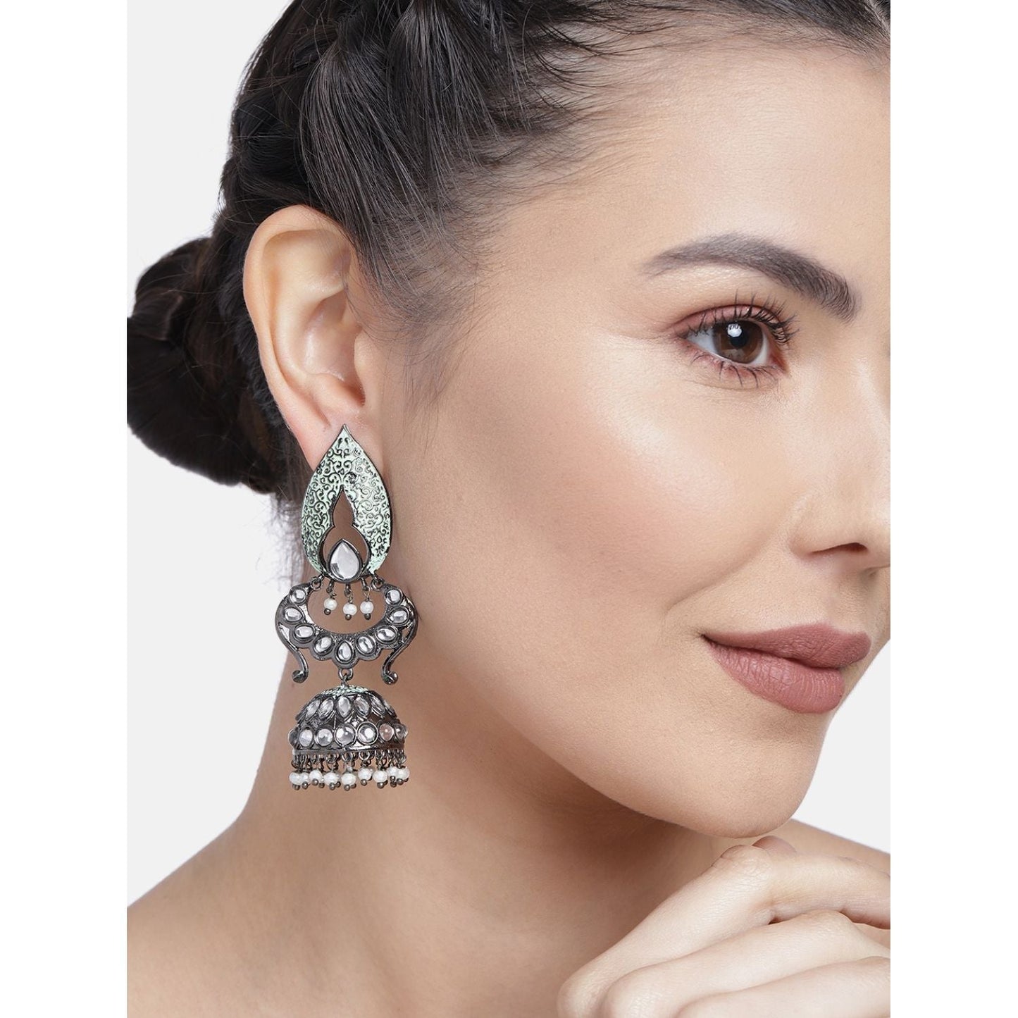 Women's I Jewels 18K Silver Oxidised Traditional Meenakari Kundan & Stone Studded Jhumka Earrings (E2949Zmin)