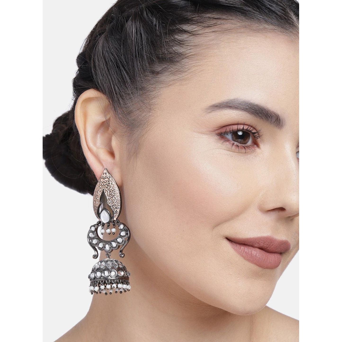 Women's I Jewels 18K Silver Oxidised Traditional Meenakari Kundan & Stone Studded Jhumka Earrings (E2949Zpe)