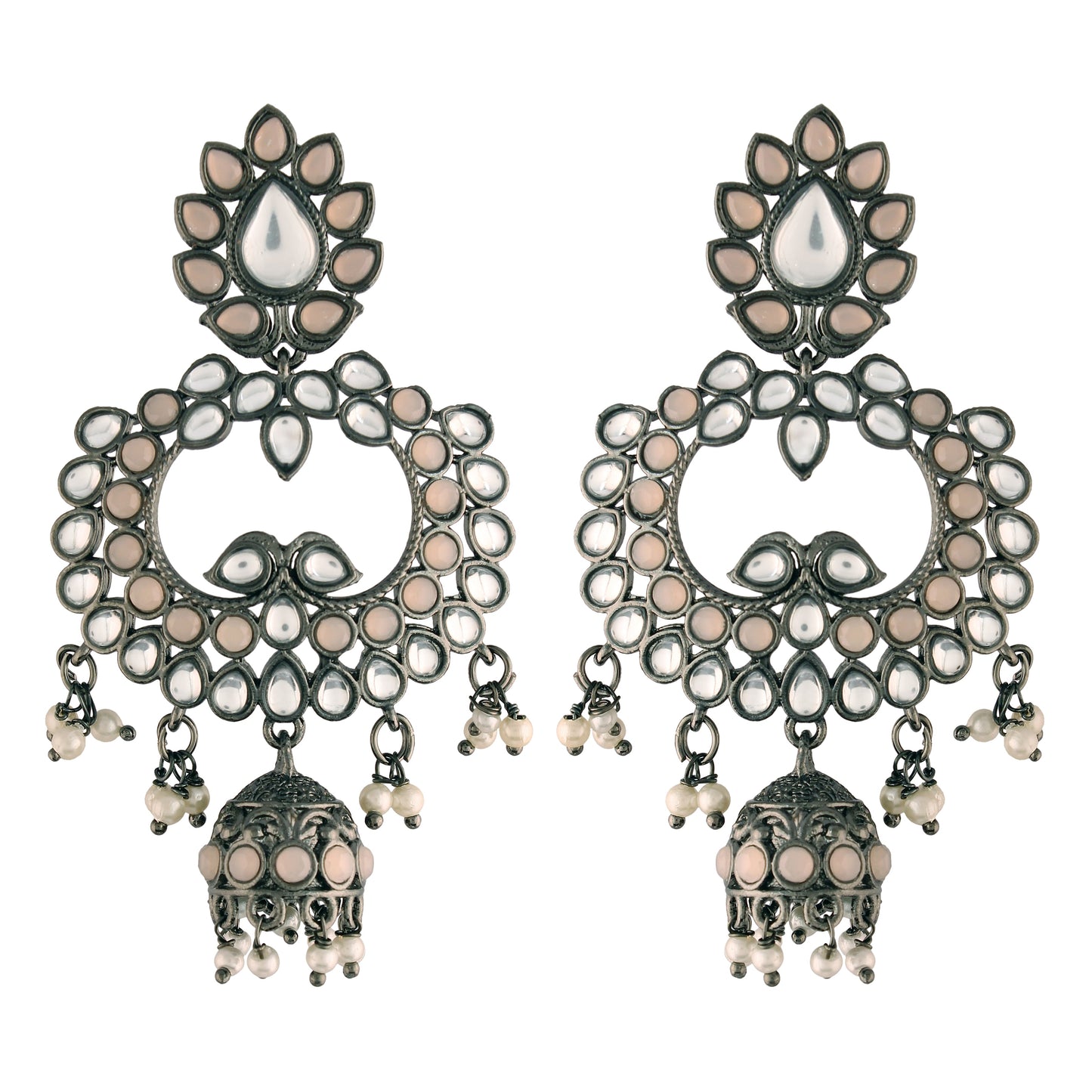 Women's I Jewels 18K Silver Oxidised Traditional Kundan & Stone Studded Jhumka Earrings (E2950Zpe)