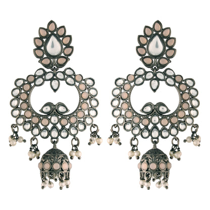 Women's I Jewels 18K Silver Oxidised Traditional Kundan & Stone Studded Jhumka Earrings (E2950Zpe)