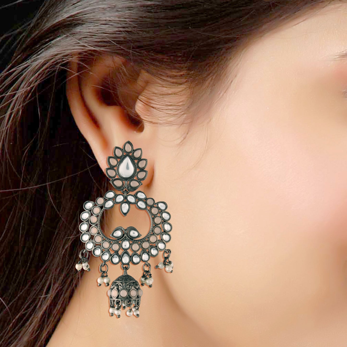 Women's I Jewels 18K Silver Oxidised Traditional Kundan & Stone Studded Jhumka Earrings (E2950Zpe)