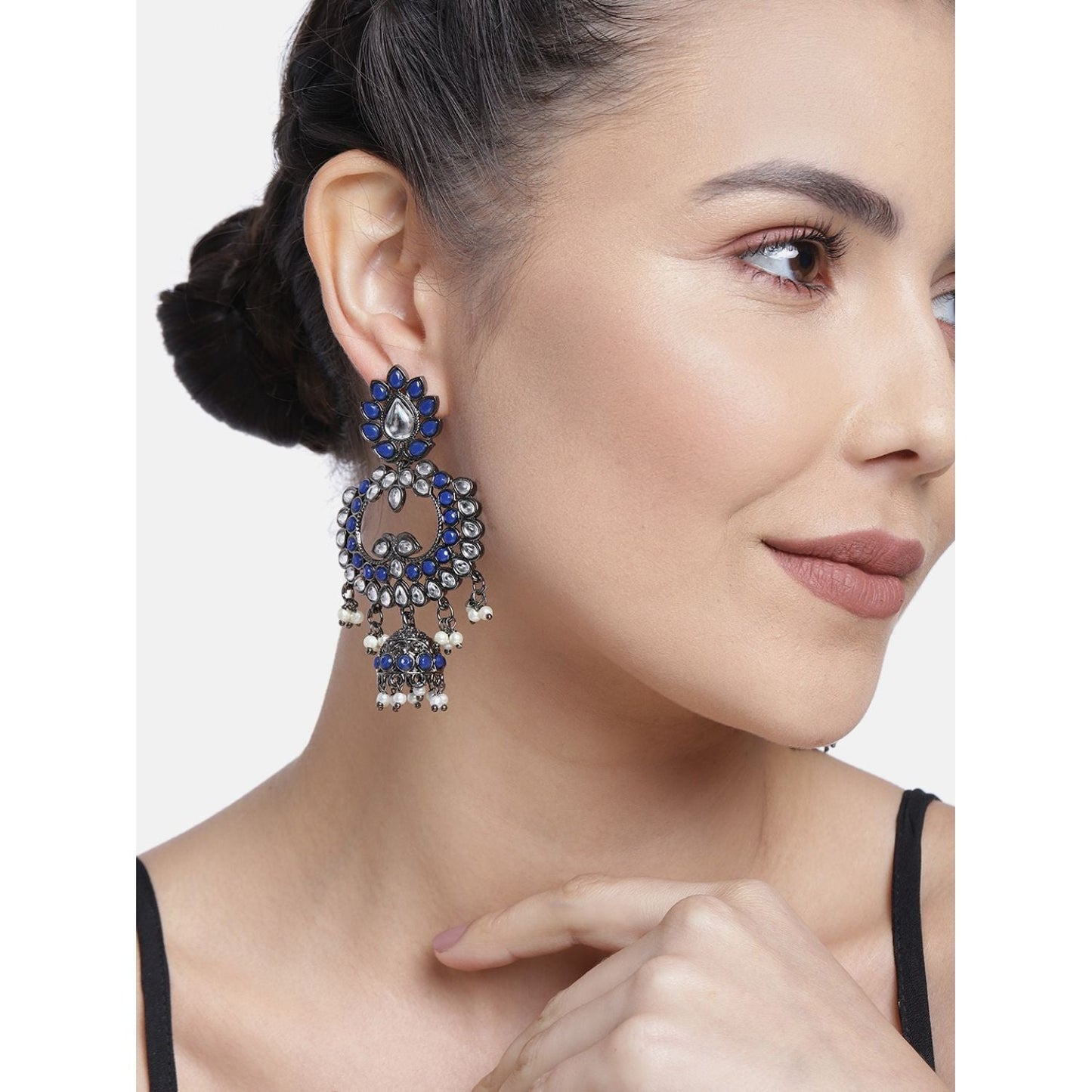 Women's I Jewels 18K Silver Oxidised Traditional Kundan & Stone Studded Jhumka Earrings (E2950Zbl)