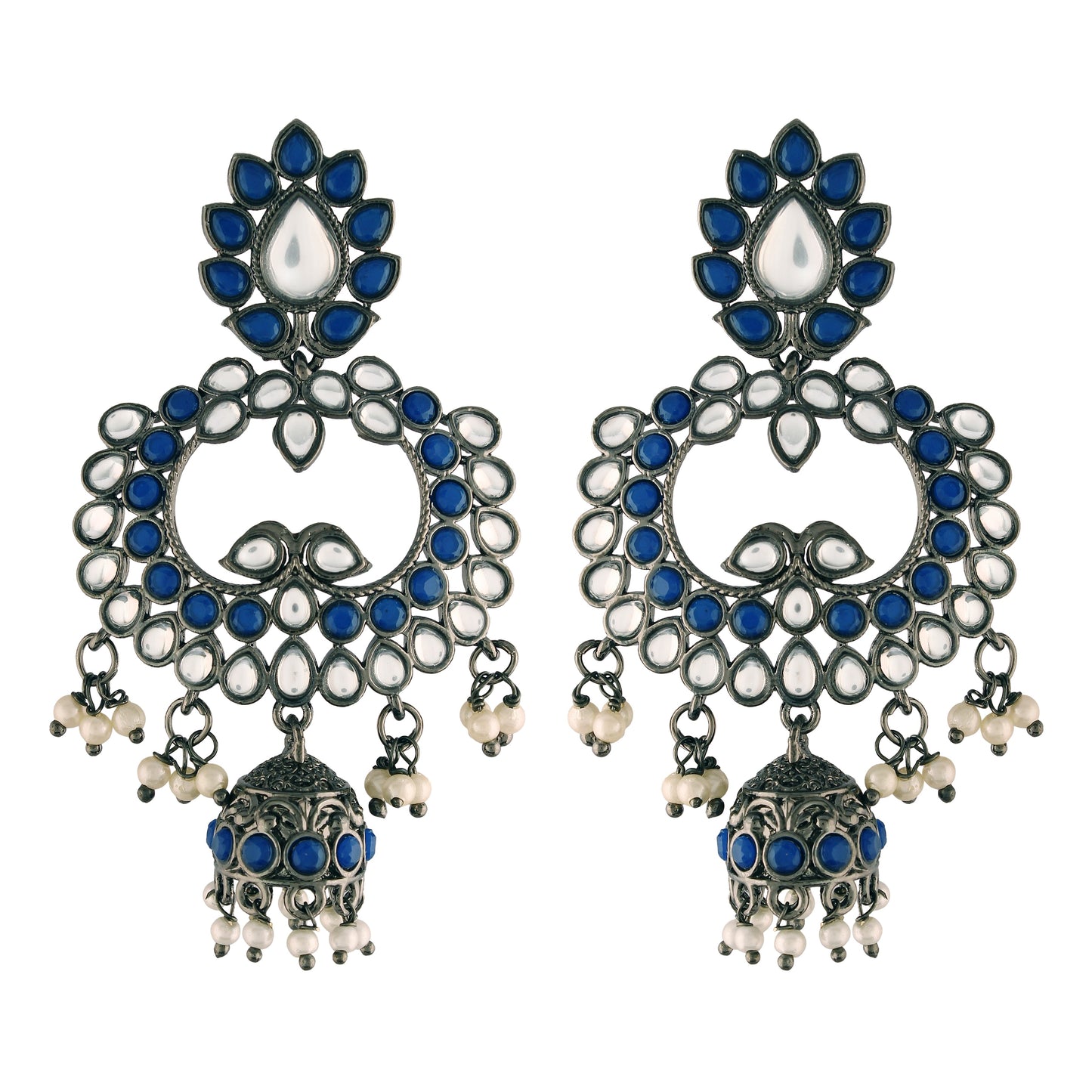Women's I Jewels 18K Silver Oxidised Traditional Kundan & Stone Studded Jhumka Earrings (E2950Zbl)