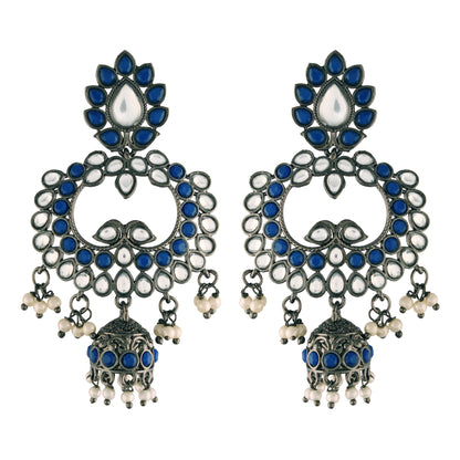 Women's I Jewels 18K Silver Oxidised Traditional Kundan & Stone Studded Jhumka Earrings (E2950Zbl)