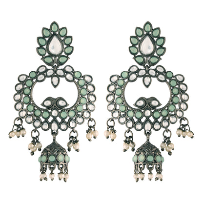 Women's I Jewels 18K Silver Oxidised Traditional Kundan & Stone Studded Jhumka Earrings (E2950Zmin)