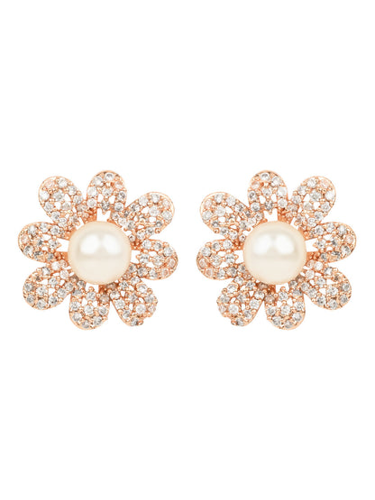 Women's I Jewels Valentine'S Special Rose Gold-Plated & White Floral Studs Earrings (E2974)