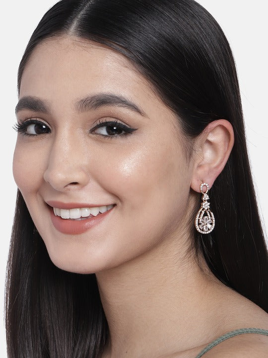 Women's I Jewels Valentine'S Special Rose Gold Plated & White Ad Studded Drop Earrings (E2976)
