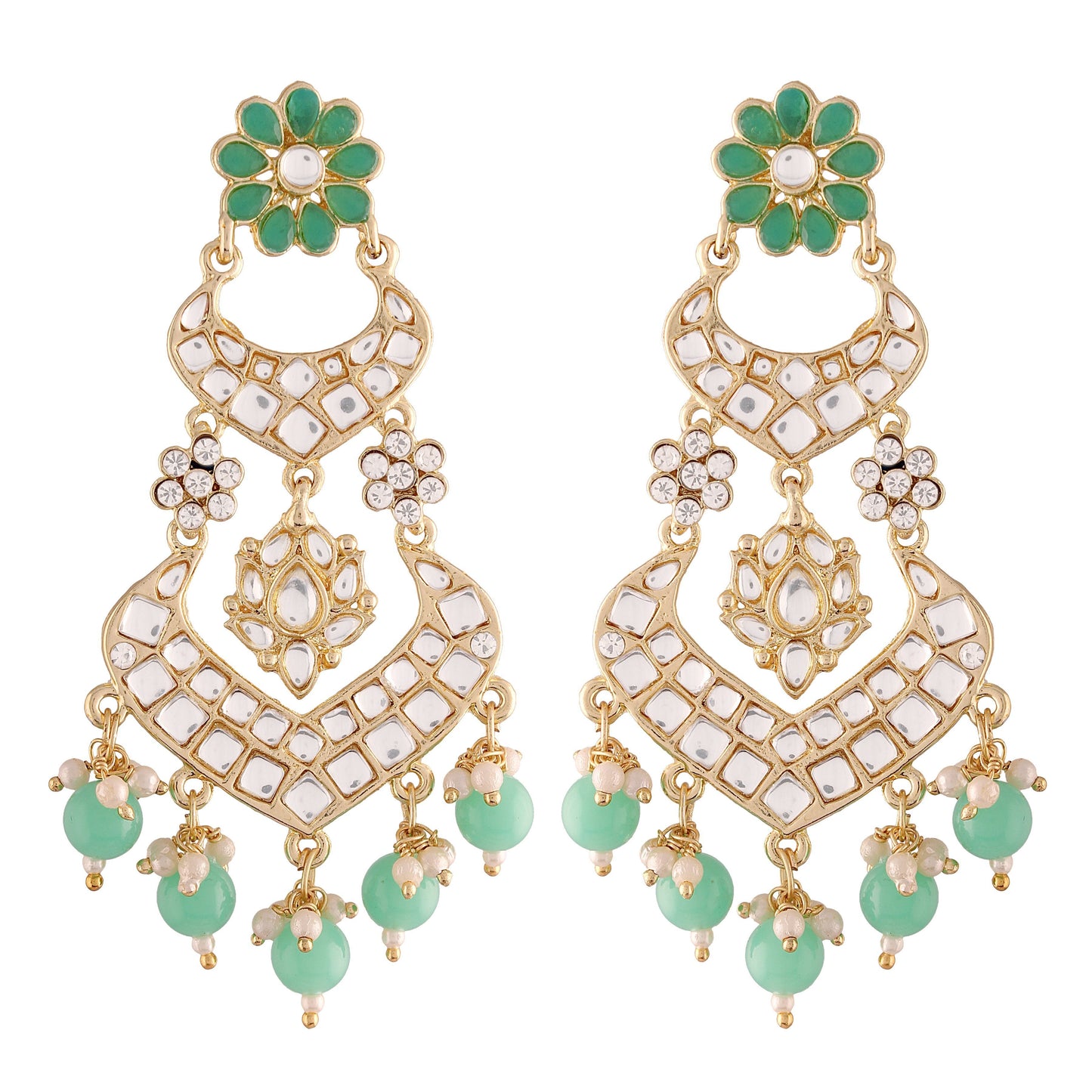 Women's  Gold Plated Mint Handcrafted Earring Glided With Kundan & Pearls