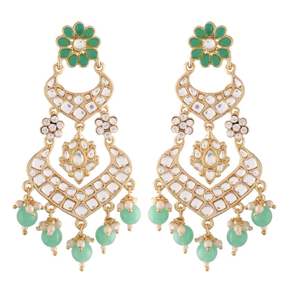 Women's  Gold Plated Mint Handcrafted Earring Glided With Kundan & Pearls