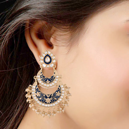 Women's Blue Gold Plated Meenakari Earrings Glided With Kundans & Pearls