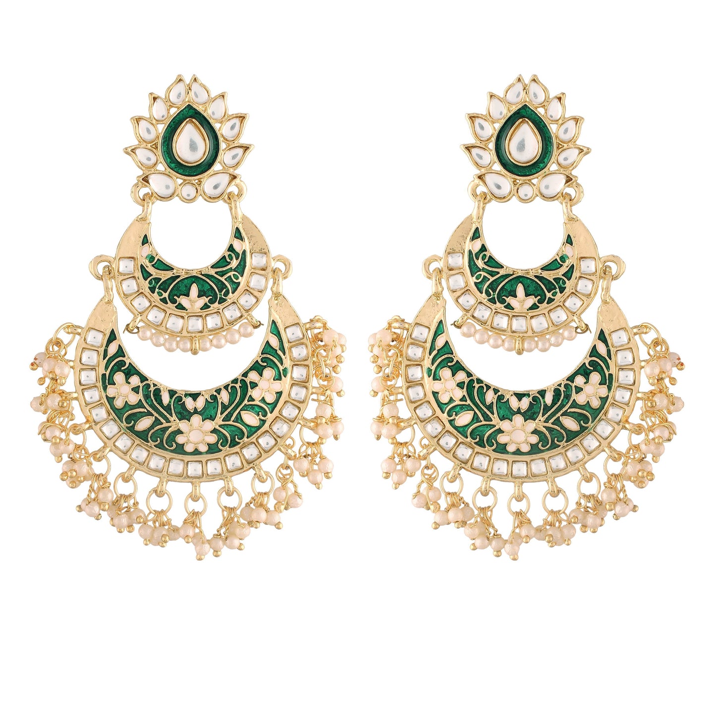 Women's Green Gold Plated Meenakari Earrings Glided With Kundans & Pearls