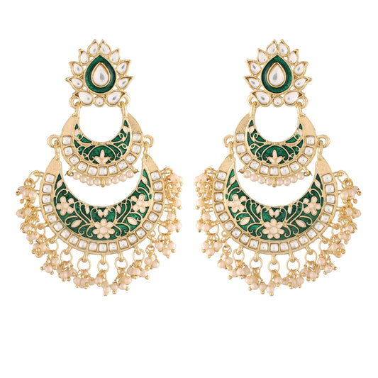 Women's Green Gold Plated Meenakari Earrings Glided With Kundans & Pearls