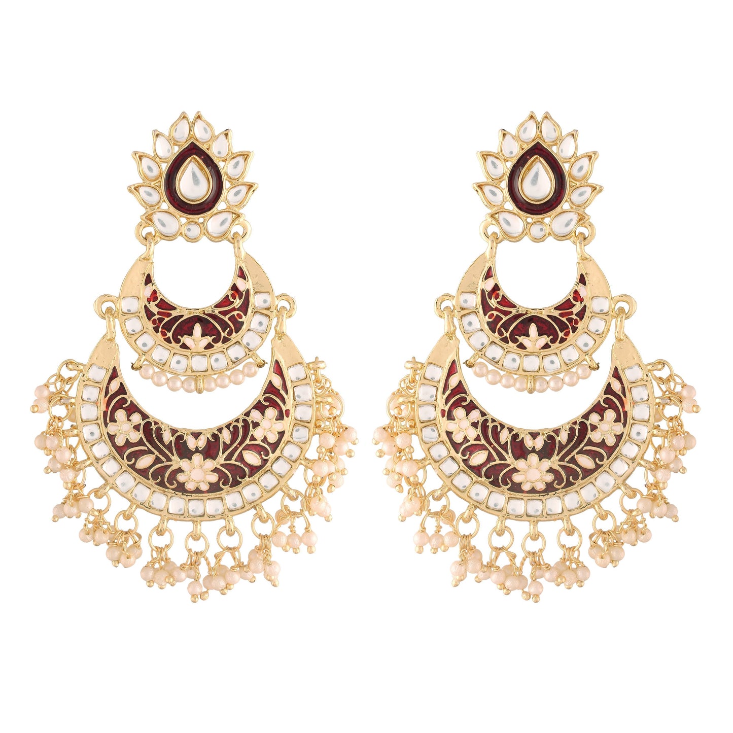 Women's  Maroon Gold Plated Meenakari Earrings Glided With Kundans & Pearls