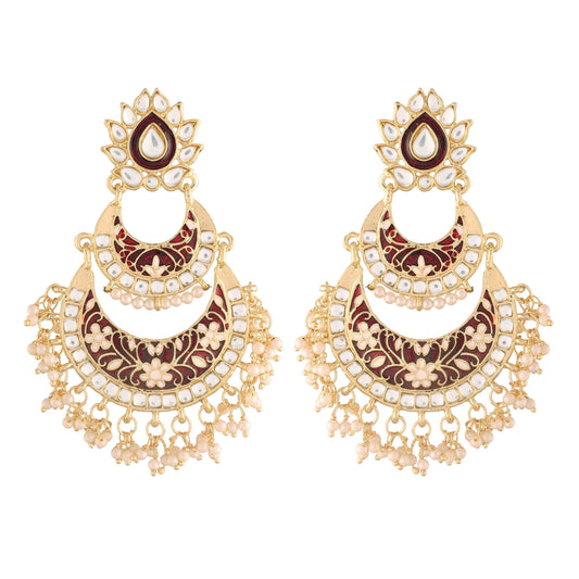 Women's  Maroon Gold Plated Meenakari Earrings Glided With Kundans & Pearls