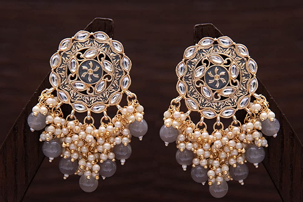 Women's 18K Gold Plated Traditional Handcrafted Meenakari Kundan & Pearl Studded Earrings (E3007Gr)