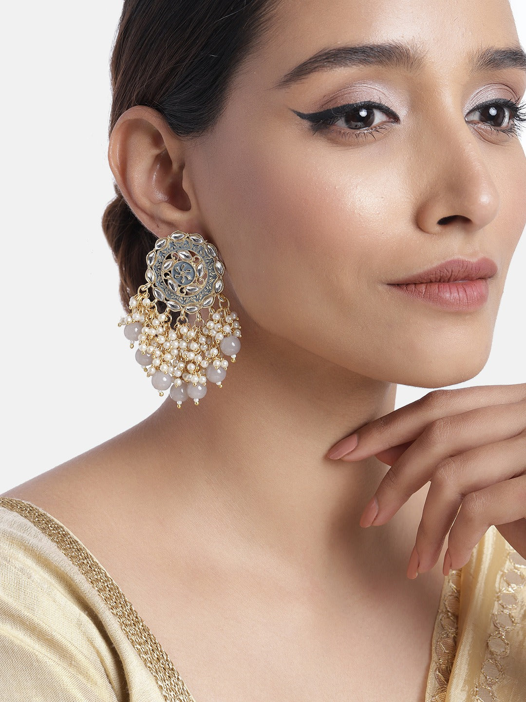 Women's 18K Gold Plated Traditional Handcrafted Meenakari Kundan & Pearl Studded Earrings (E3007Gr)