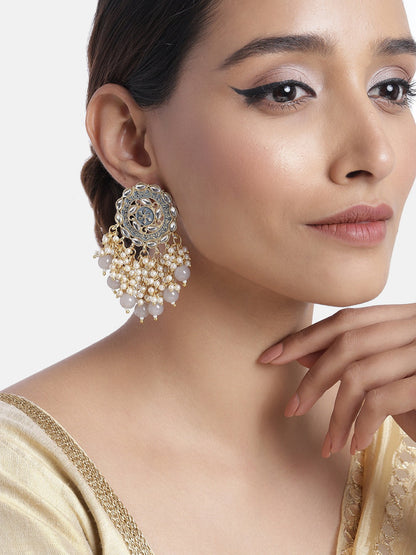 Women's 18K Gold Plated Traditional Handcrafted Meenakari Kundan & Pearl Studded Earrings (E3007Gr)