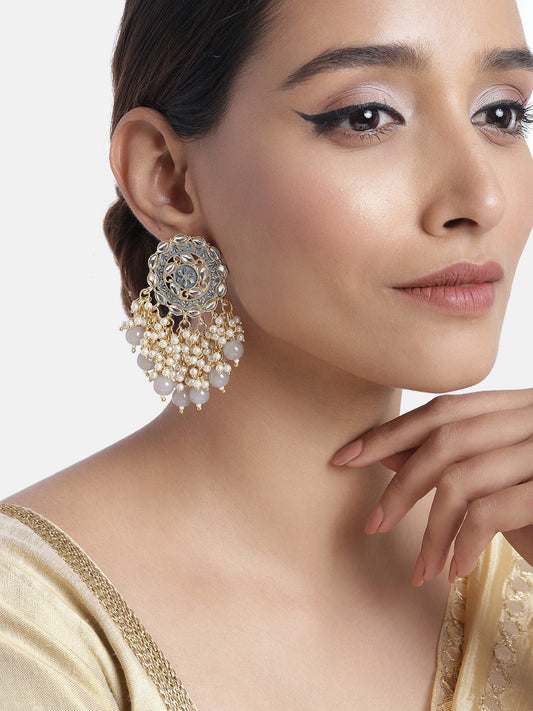 Women's 18K Gold Plated Traditional Handcrafted Meenakari Kundan & Pearl Studded Earrings (E3007Gr)