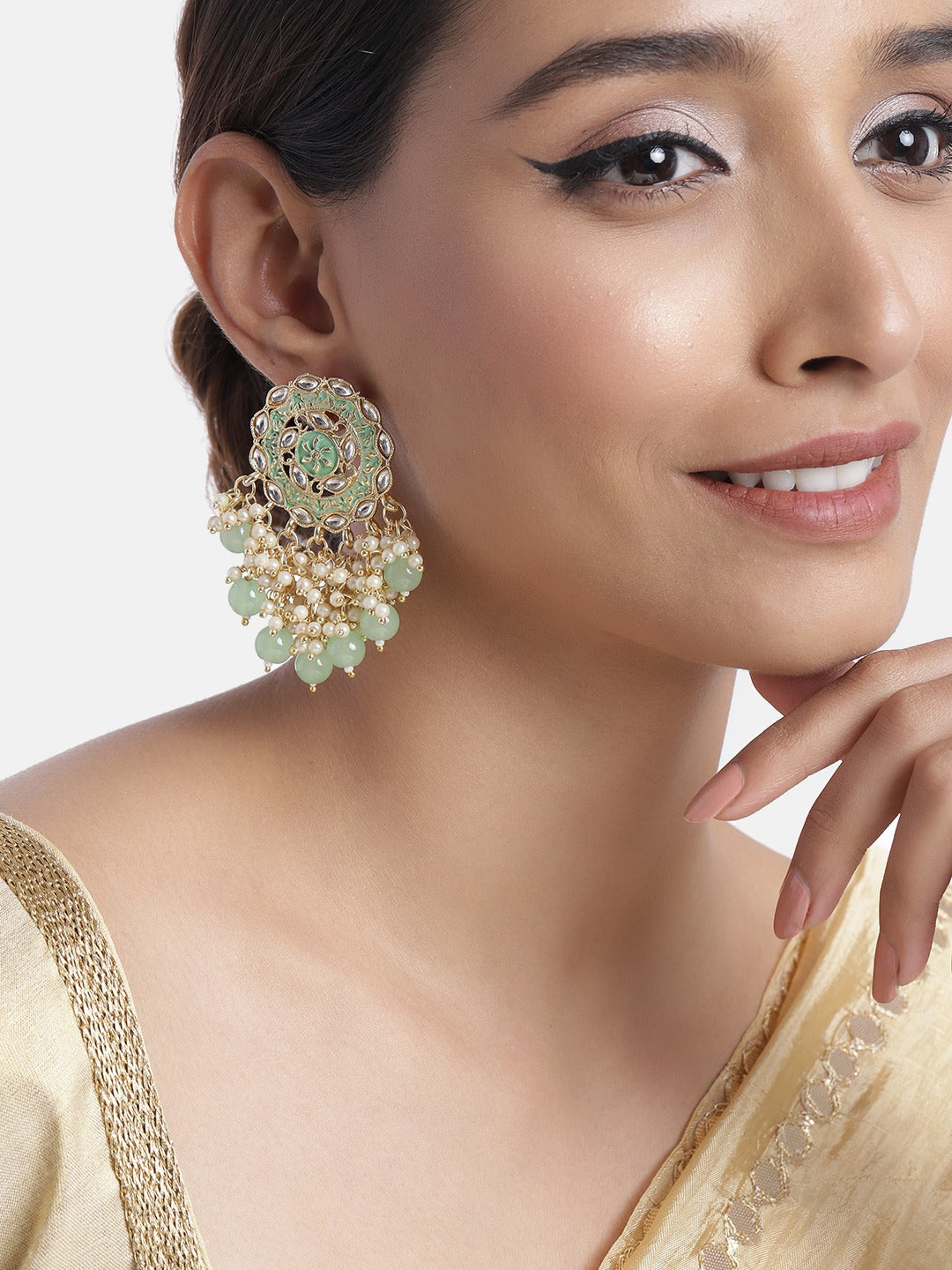 Women's 18K Gold Plated Traditional Handcrafted Meenakari Kundan & Pearl Studded Earrings (E3007Min)