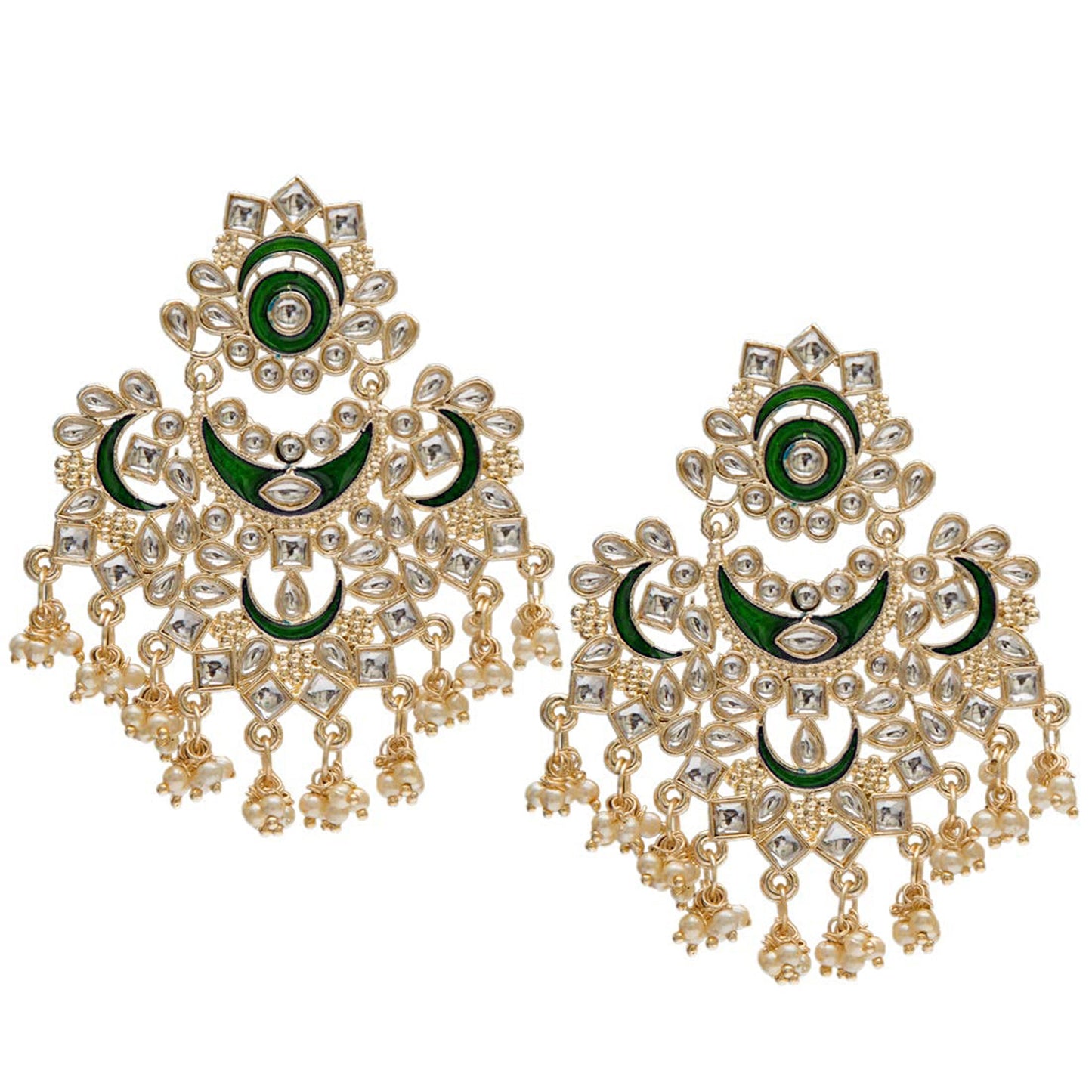 Women's  Gold Plated Green Meena Work Kundans & Pearls Chandbali Earrings