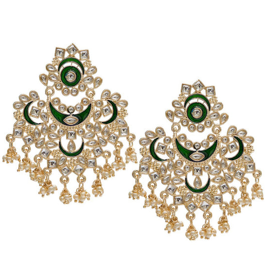 Women's  Gold Plated Green Meena Work Kundans & Pearls Chandbali Earrings