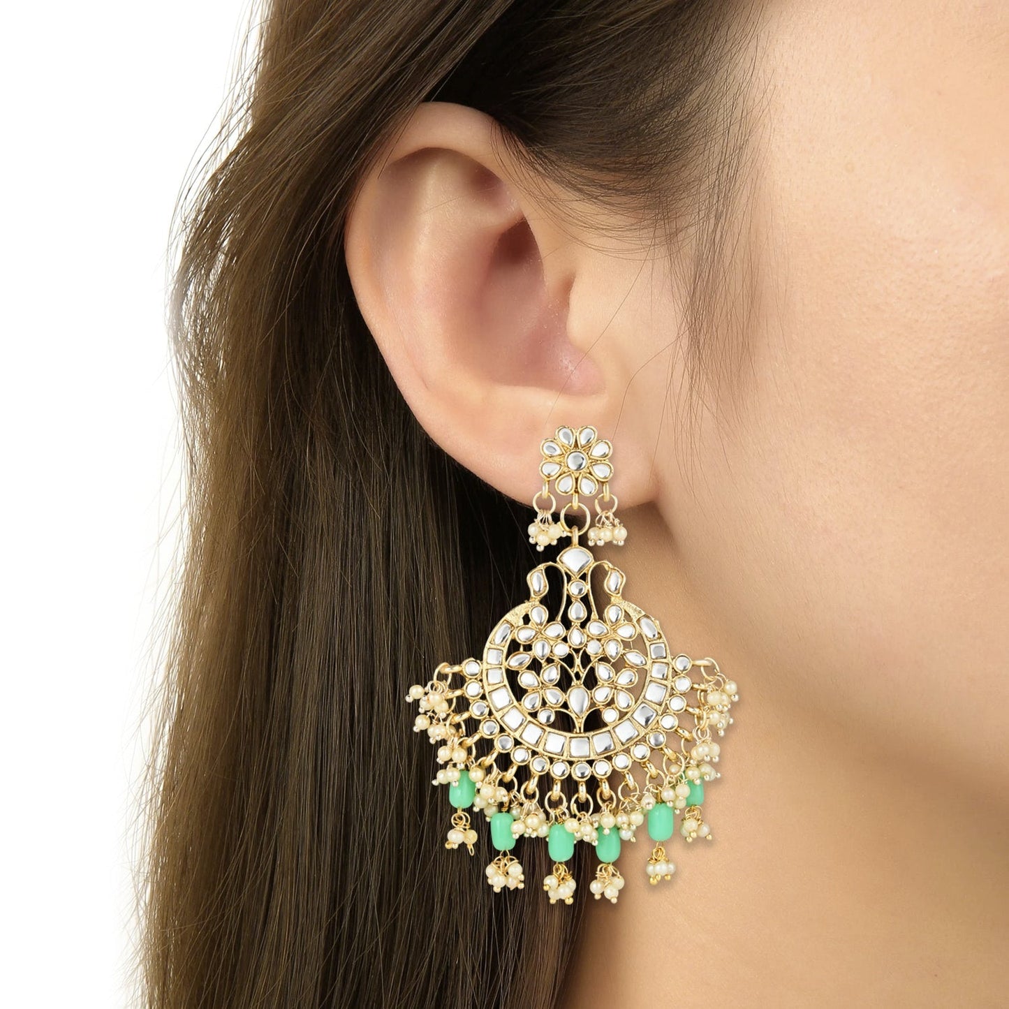 Women's 18K Gold Plated Traditional Handcrafted Pearl Kundan Beaded Earrings (E3013Min)