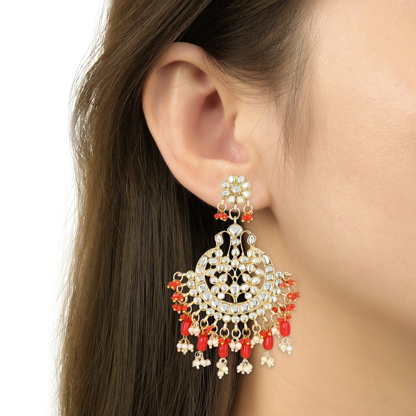 Women's 18K Gold Plated Traditional Handcrafted Pearl Kundan Beaded Earrings (E3013R)