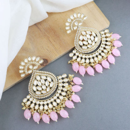 Women's 18K Gold Plated Traditional Handcrafted Pearl Kundan Beaded Earrings (E3016Pi)