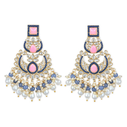 Women's 18K Gold Plated Traditional Handcrafted Pearl Kundan Beaded Earrings (E3021Pemt)