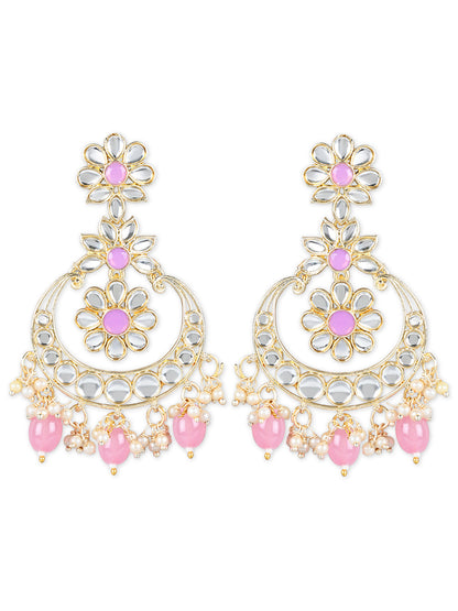 Women's 18K Gold Plated Traditional Handcrafted Pearl Kundan Beaded Earrings (E3023Pi)