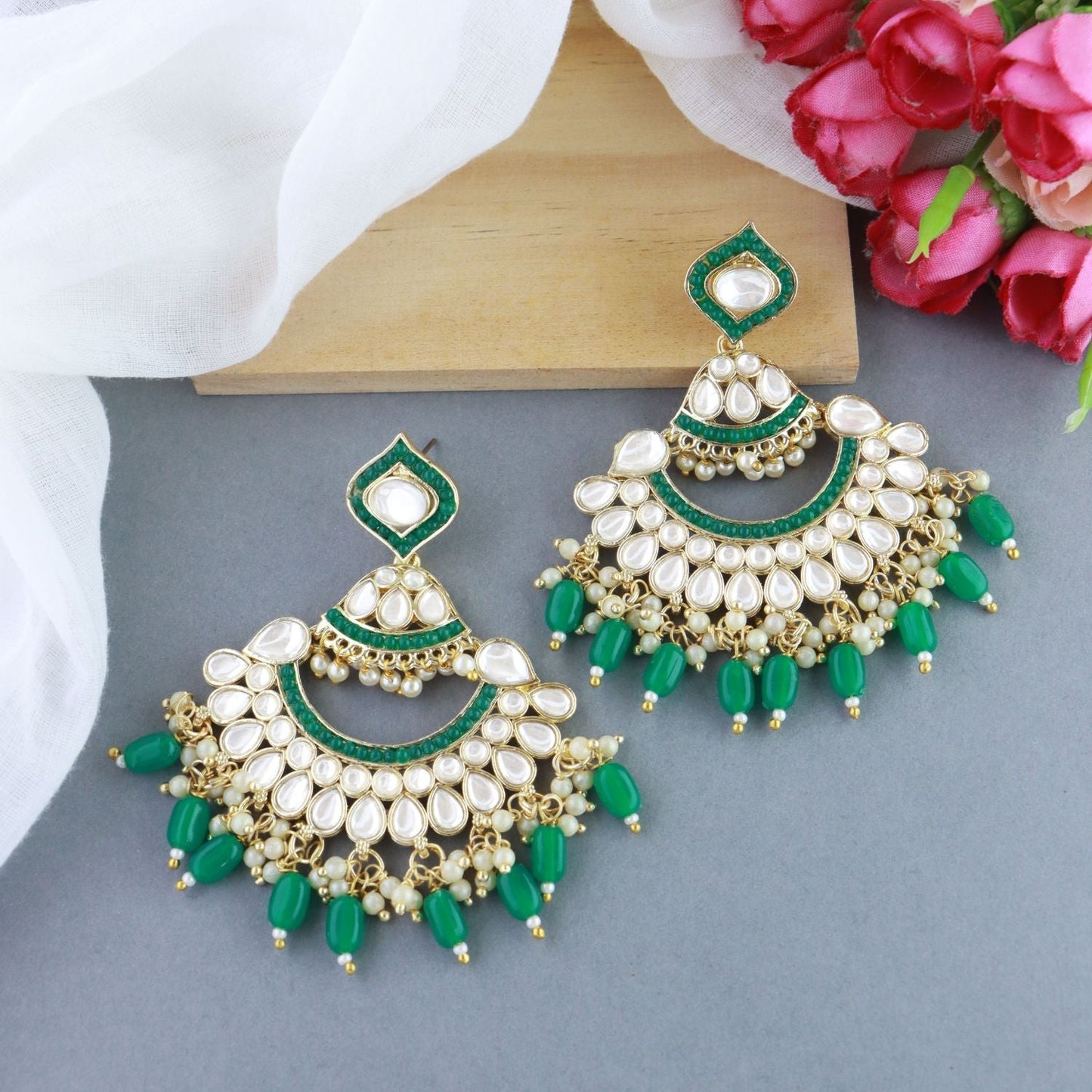 Women's 18K Gold Plated Traditional Handcrafted Pearl Kundan Beaded Earrings (E3024G)