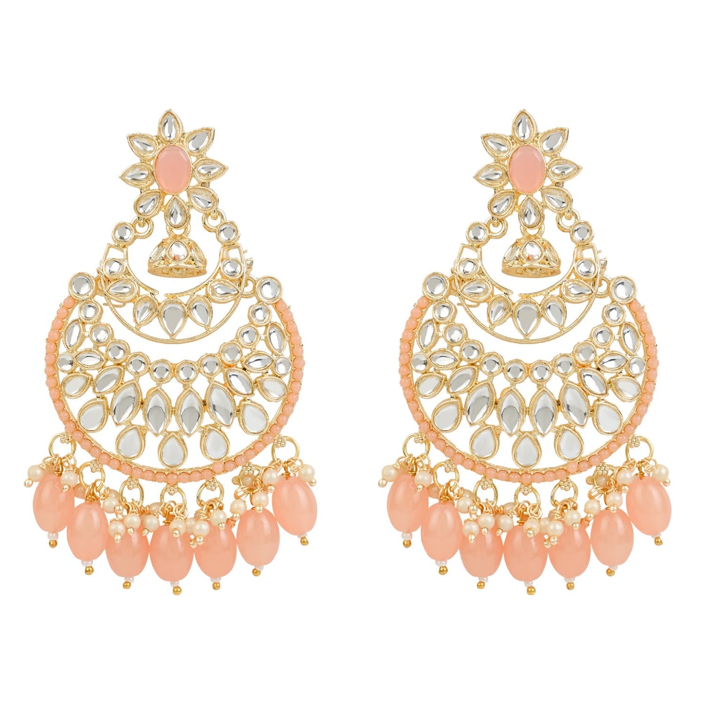 Women's 18K Gold Plated Traditional Handcrafted Pearl Kundan Beaded Chandbali Earrings (E3028Pe)