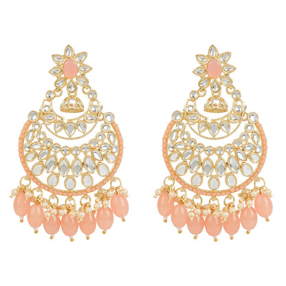 Women's 18K Gold Plated Traditional Handcrafted Pearl Kundan Beaded Chandbali Earrings (E3028Pe)