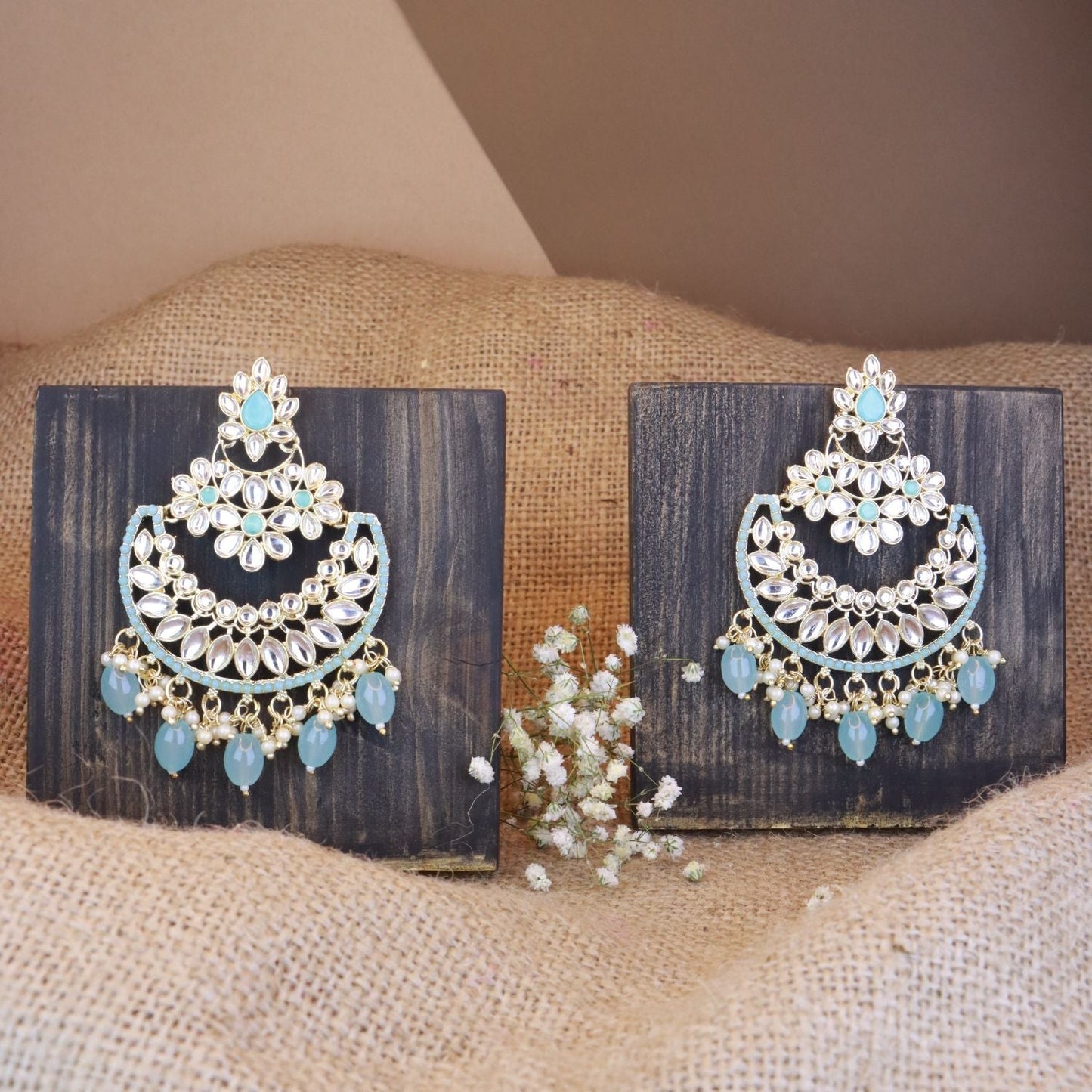 Women's 18K Gold Plated Traditional Handcrafted Pearl Kundan Beaded Chandbali Earrings (E3030Sb)