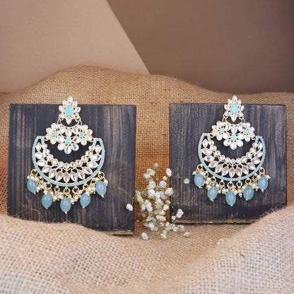 Women's 18K Gold Plated Traditional Handcrafted Pearl Kundan Beaded Chandbali Earrings (E3030Sb)