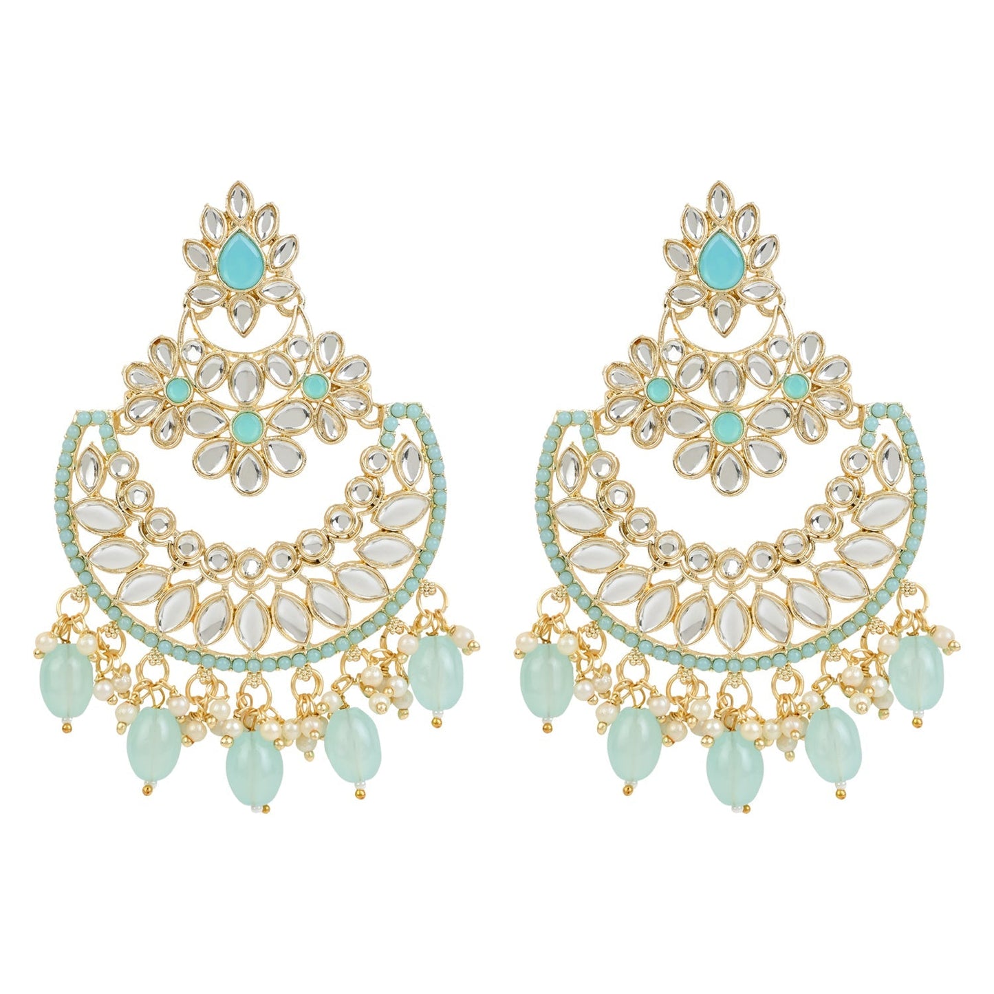 Women's 18K Gold Plated Traditional Handcrafted Pearl Kundan Beaded Chandbali Earrings (E3030Sb)