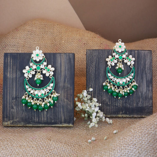 Women's 18K Gold Plated Traditional Handcrafted Pearl Kundan Beaded Chandbali Earrings (E3031G)
