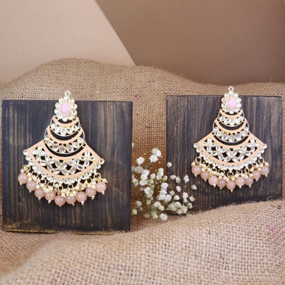 Women's 18K Gold Plated Traditional Handcrafted Pearl Kundan Beaded Chandbali Earrings (E3032Pe)