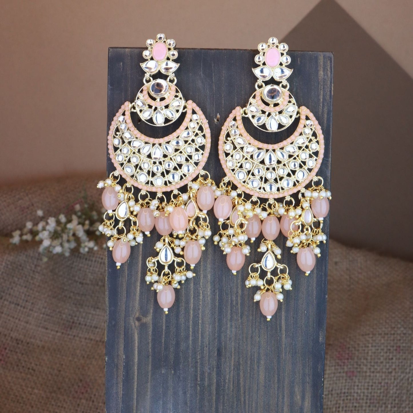 Women's 18K Gold Plated Traditional Handcrafted Pearl Kundan Beaded Chandbali Earrings (E3053Pe)