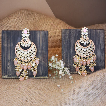 Women's 18K Gold Plated Traditional Handcrafted Pearl Kundan Beaded Chandbali Earrings (E3053Pe)