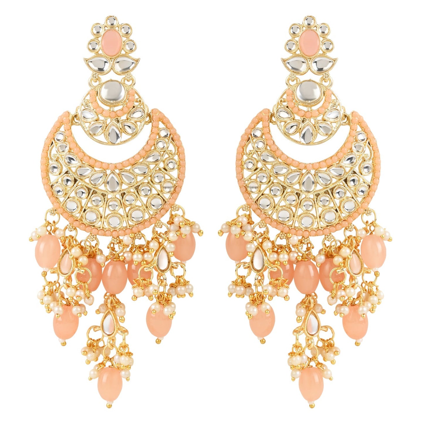 Women's 18K Gold Plated Traditional Handcrafted Pearl Kundan Beaded Chandbali Earrings (E3053Pe)