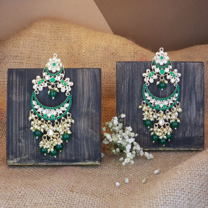 Women's 18K Gold Plated Traditional Handcrafted Pearl Kundan Beaded Chandbali Earrings (E3054G)