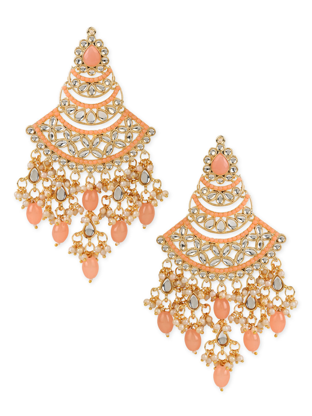 Women's 18K Gold Plated Traditional Handcrafted Pearl Kundan Beaded Chandbali Earrings (E3055Pe)