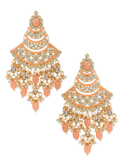 Women's 18K Gold Plated Traditional Handcrafted Pearl Kundan Beaded Chandbali Earrings (E3055Pe)