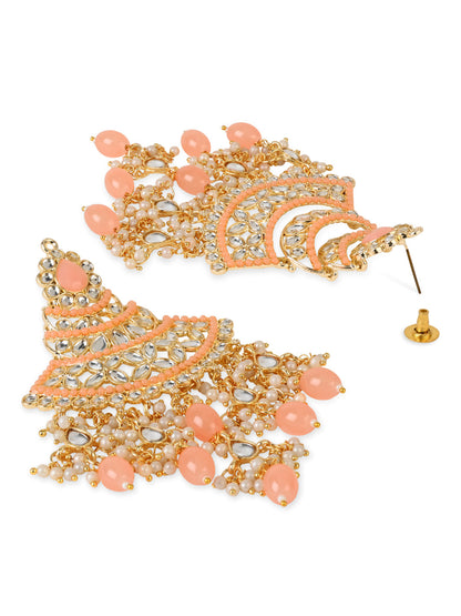 Women's 18K Gold Plated Traditional Handcrafted Pearl Kundan Beaded Chandbali Earrings (E3055Pe)