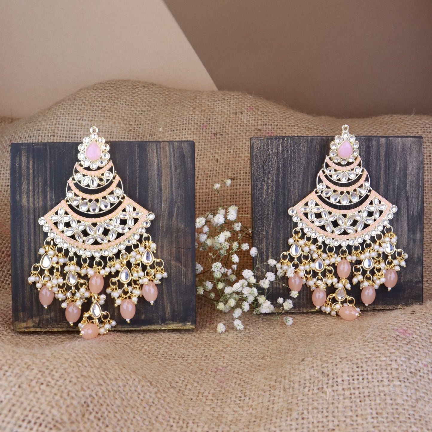 Women's 18K Gold Plated Traditional Handcrafted Pearl Kundan Beaded Chandbali Earrings (E3055Pe)