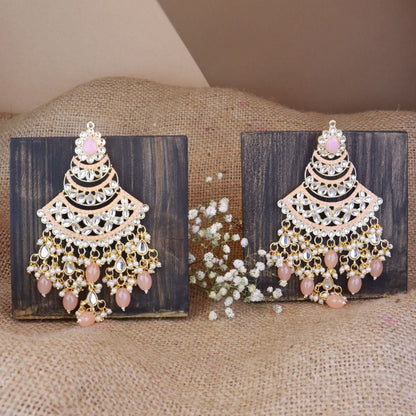 Women's 18K Gold Plated Traditional Handcrafted Pearl Kundan Beaded Chandbali Earrings (E3055Pe)