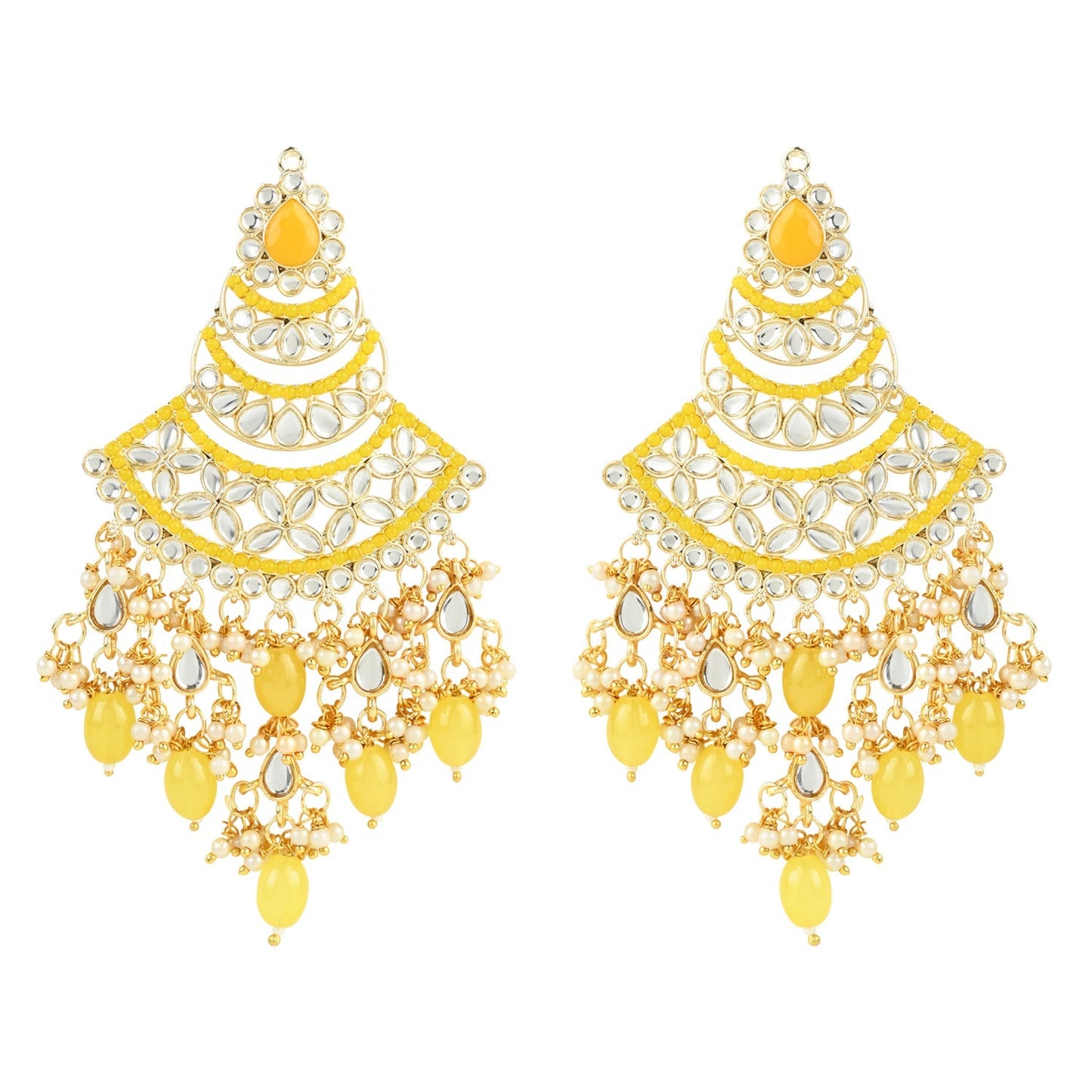 Women's 18K Gold Plated Traditional Handcrafted Pearl Kundan Beaded Chandbali Earrings (E3055Y)