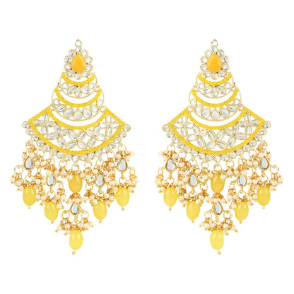Women's 18K Gold Plated Traditional Handcrafted Pearl Kundan Beaded Chandbali Earrings (E3055Y)